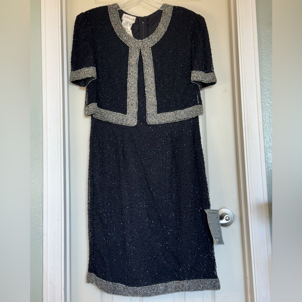 NWT Black & Silver 100% Silk Fully Beaded Women's Dress Size Medium